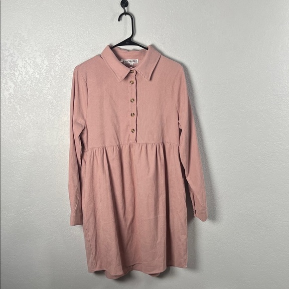Available Dresses & Skirts - Available Pink Dress Corduroy Half Button Collared Long Sleeve Mini Sz L TC0363